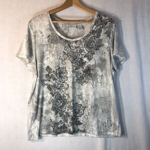 Zenergy Chico's Size 3 L White Grey Silver Geometric Print Tee Shirt Polyester